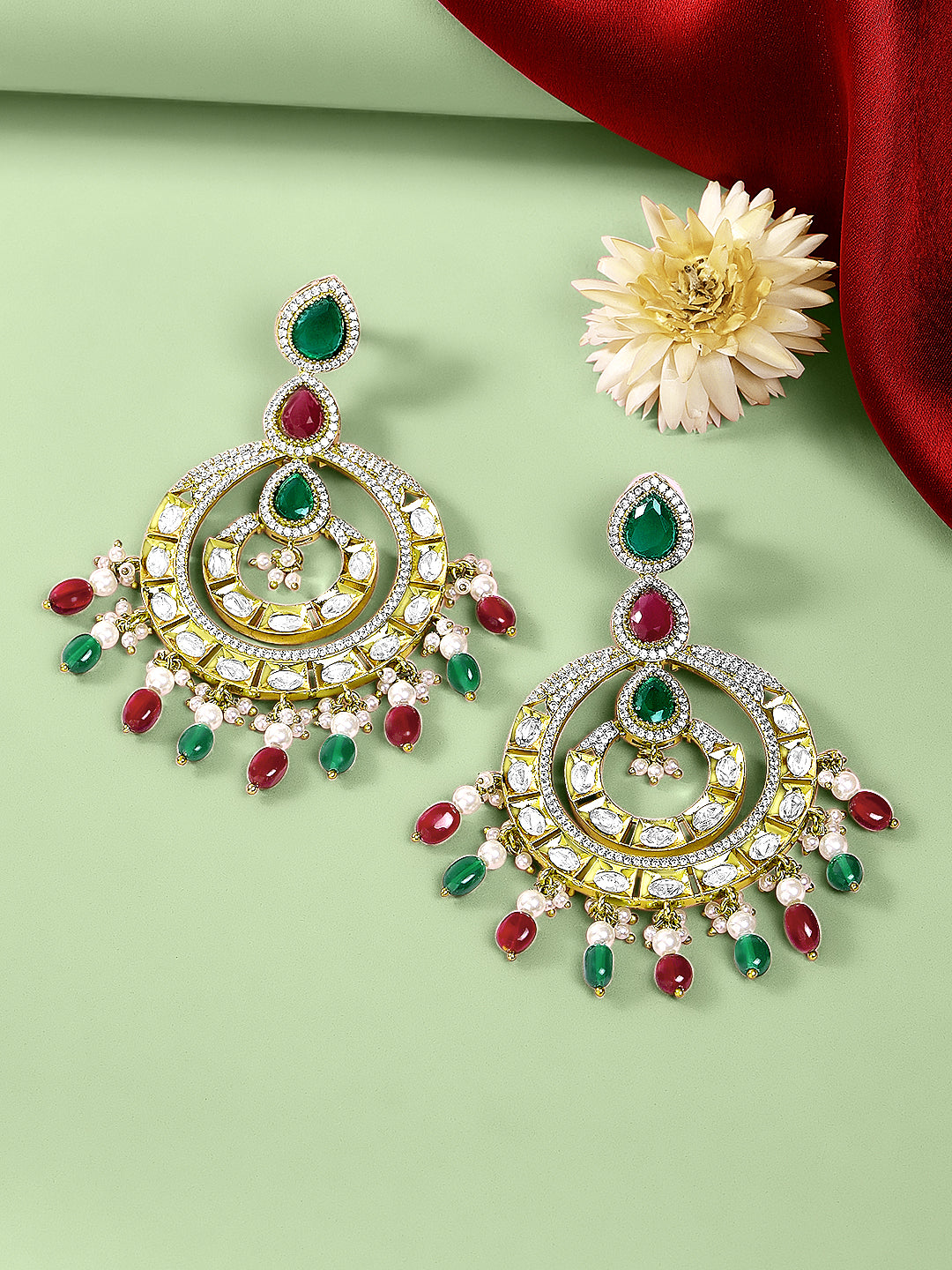 Itrani Royal Navratna Chandbali Double layer Earrings with Multi Colour Pearl Drops – Antique Gold Finish | Anti-Tarnish Brass Jewellery