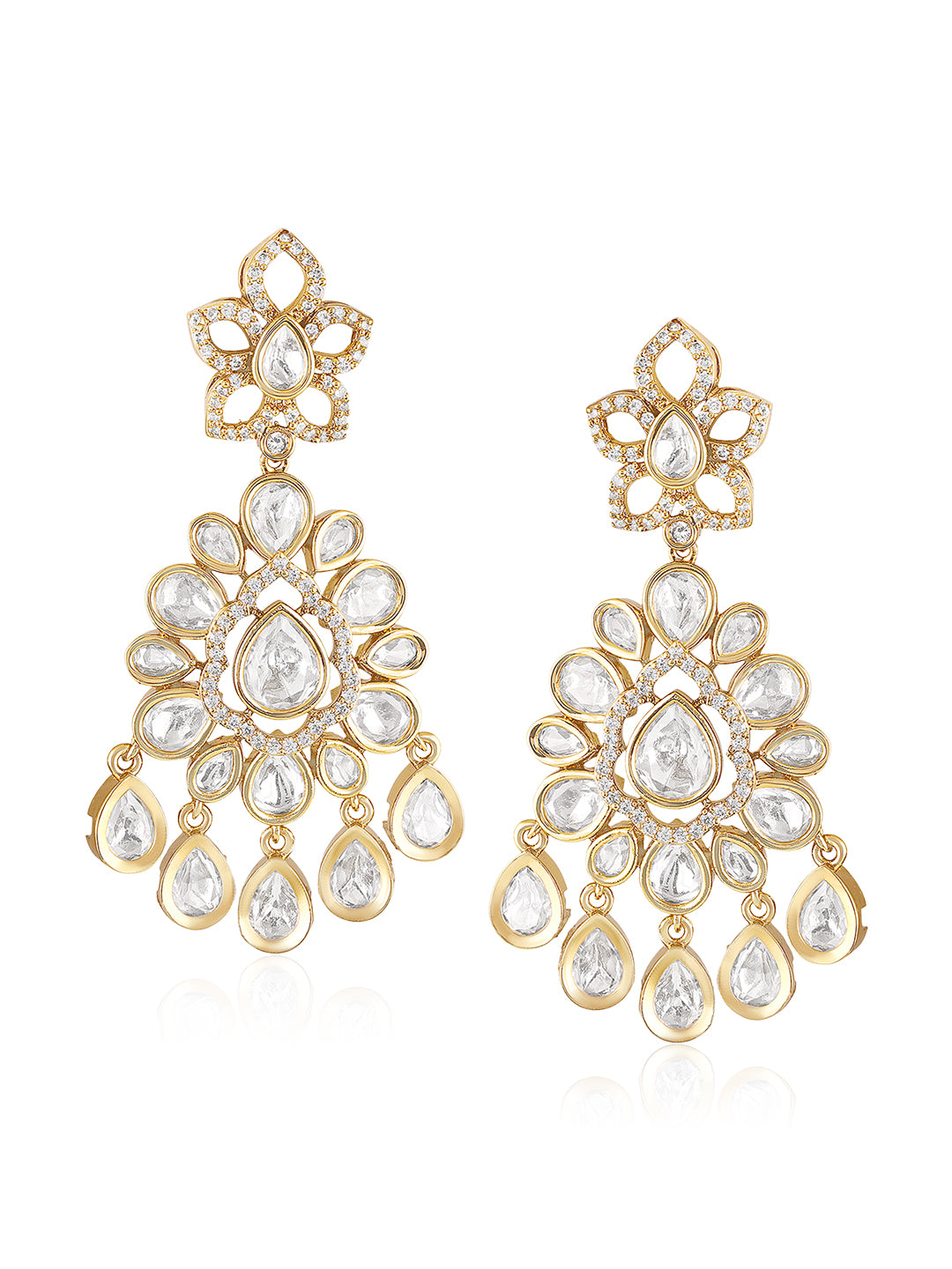 Itrani Luxe Dangling Earrings - Clear Polki Stone Brass Finish