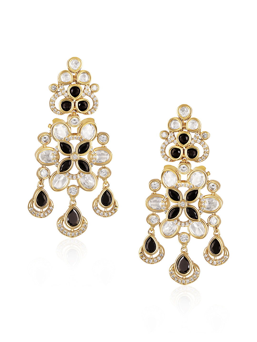 Itrani Midnight Bloom Kundan Brass Earrings – Black & White Crystal Danglers for Festive and Party Wear