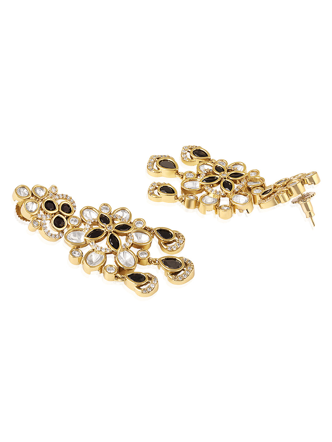 Itrani Midnight Bloom Kundan Brass Earrings – Black & White Crystal Danglers for Festive and Party Wear