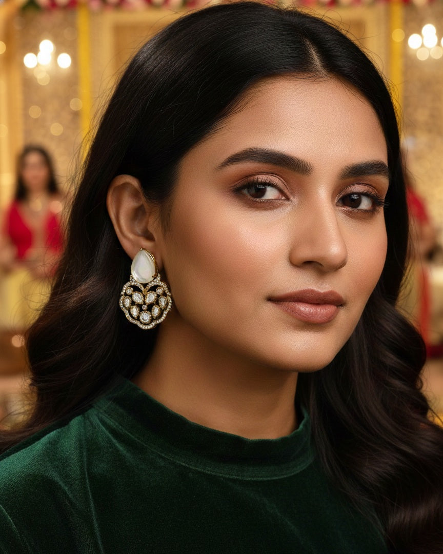 Itrani Moonlit Grace White Uncut diamond Style Antique Brass Earrings