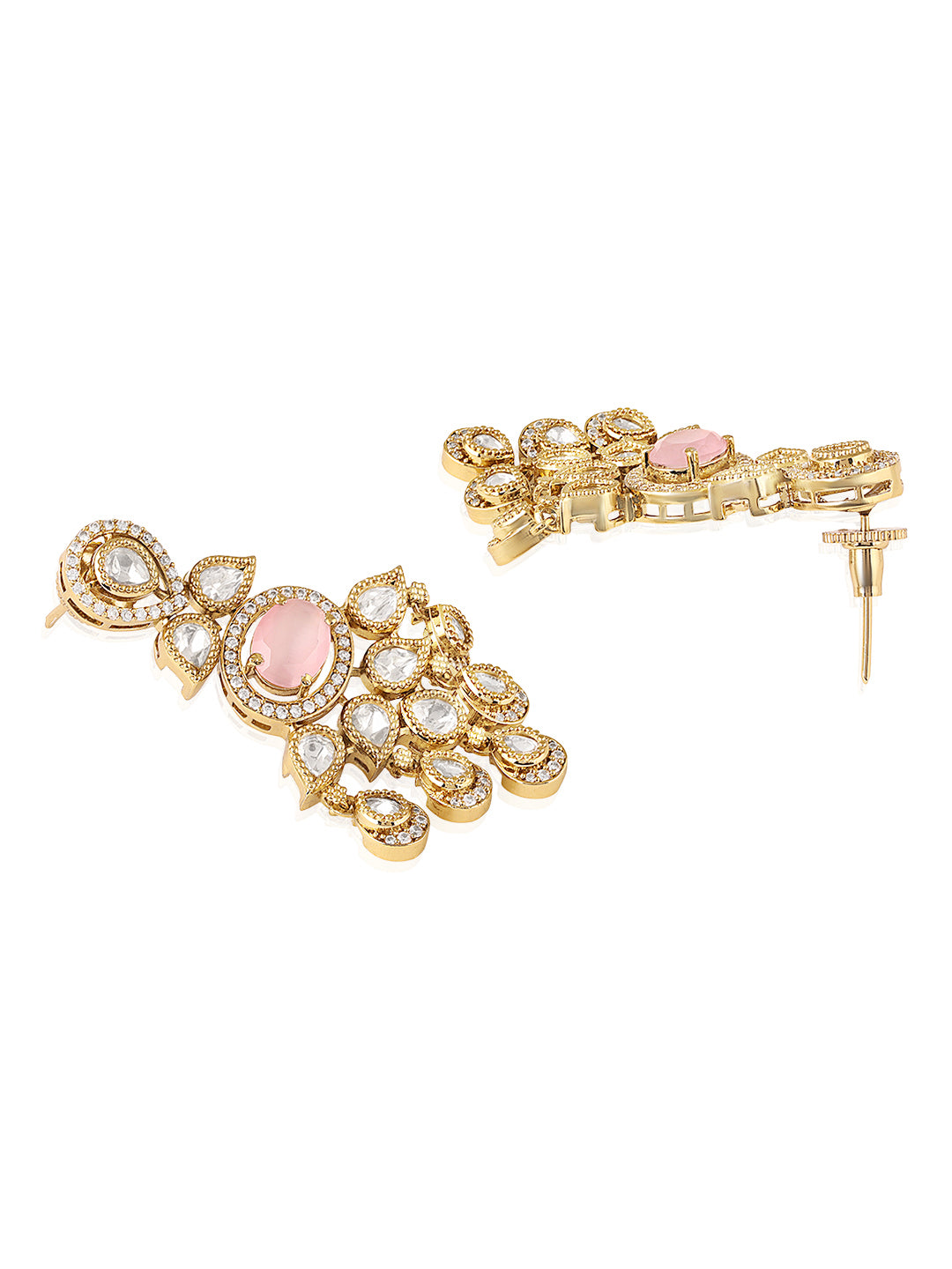 Itrani Baby Pink Blush Radiance With Uncut Diamond Antique Brass Clear Polki Drop Earrings