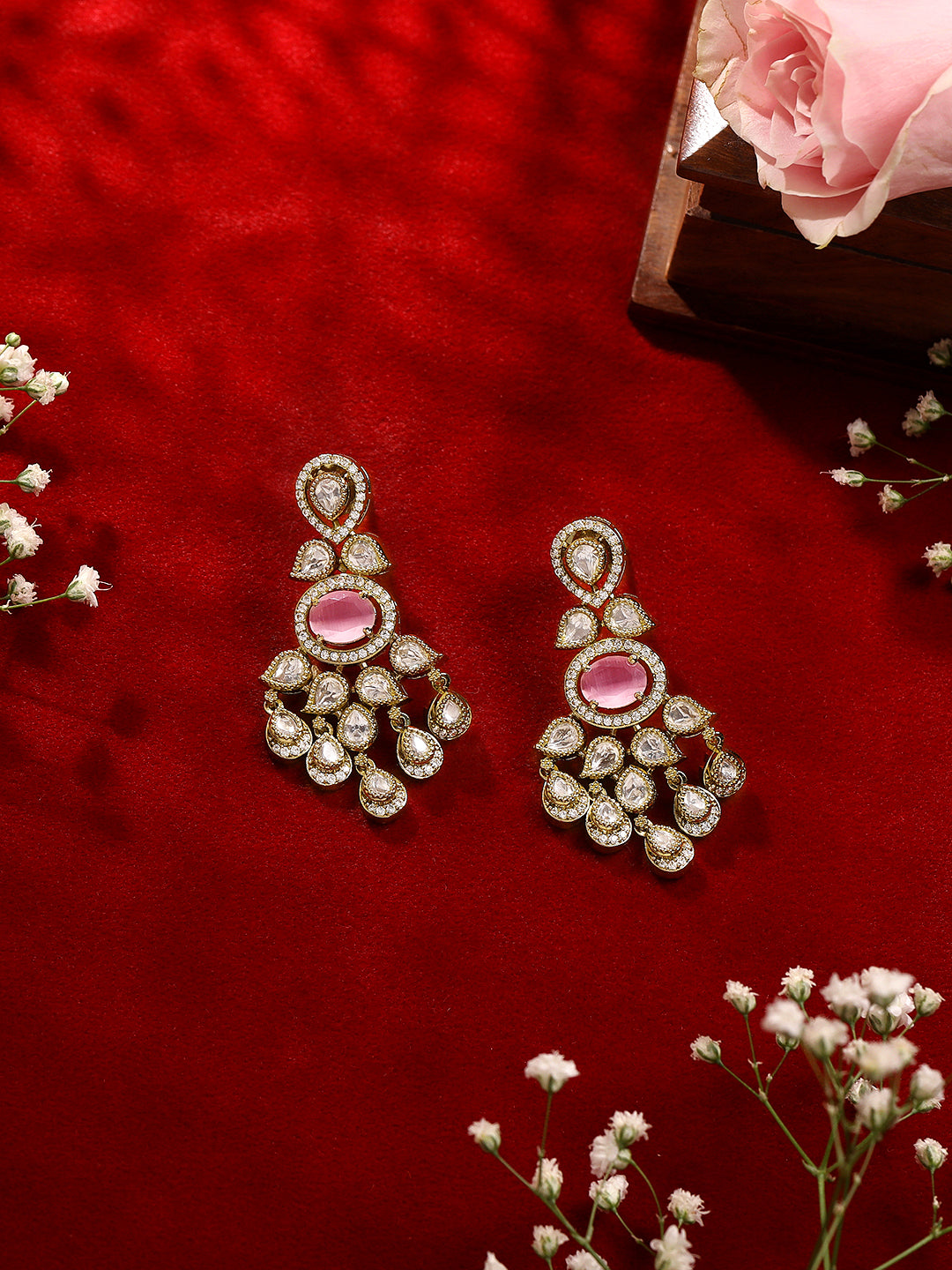 Itrani Baby Pink Blush Radiance With Uncut Diamond Antique Brass Clear Polki Drop Earrings