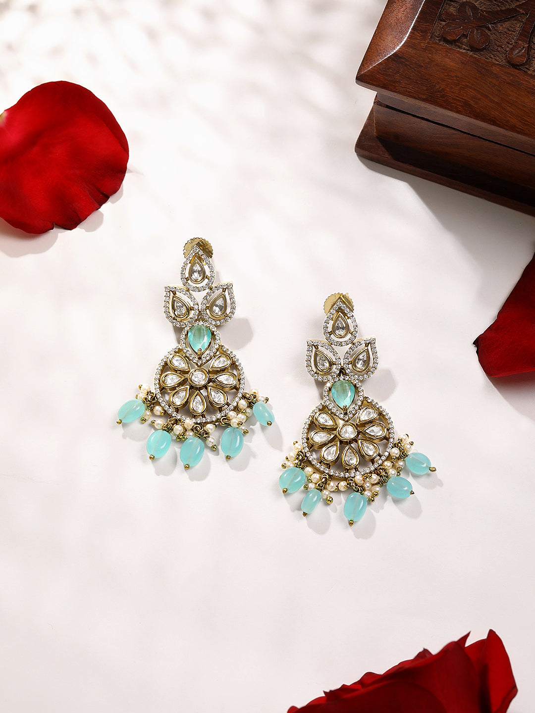 Itrani Aqua Bloom Uncut Diamond With Clear Polki and Aqua Drops Antique Brass Earrings