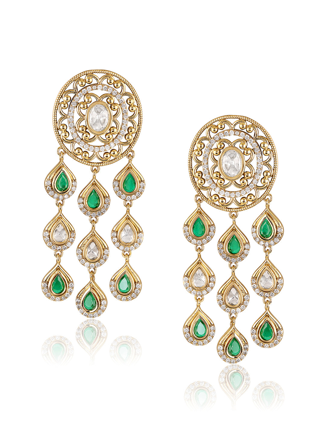 Itrani Emerald Grace Antique Brass Dangling Earrings with Polki Detailing and Setting Stone