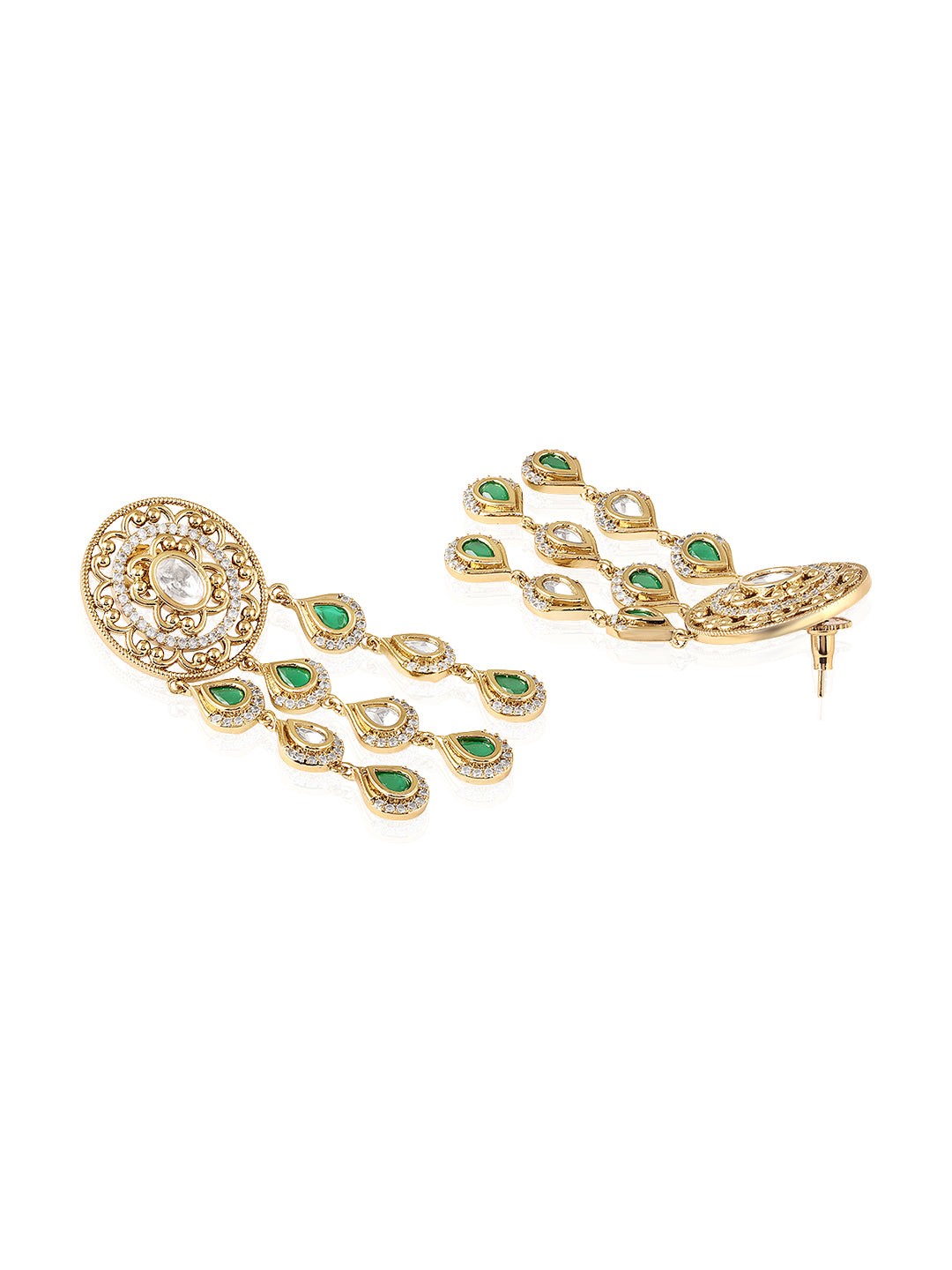 Itrani Emerald Grace Antique Brass Dangling Earrings with Polki Detailing and Setting Stone