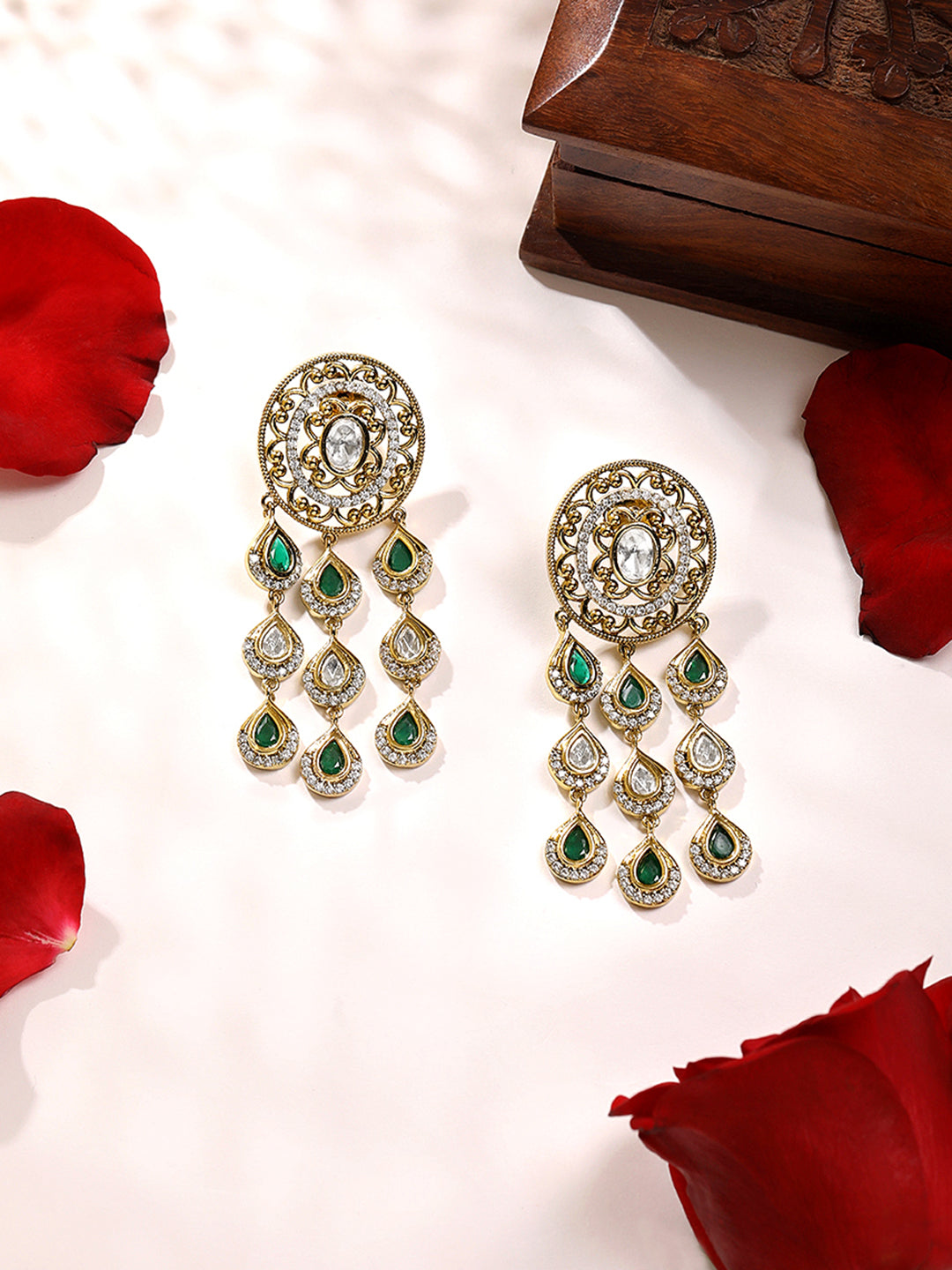 Itrani Emerald Grace Antique Brass Dangling Earrings with Polki Detailing and Setting Stone