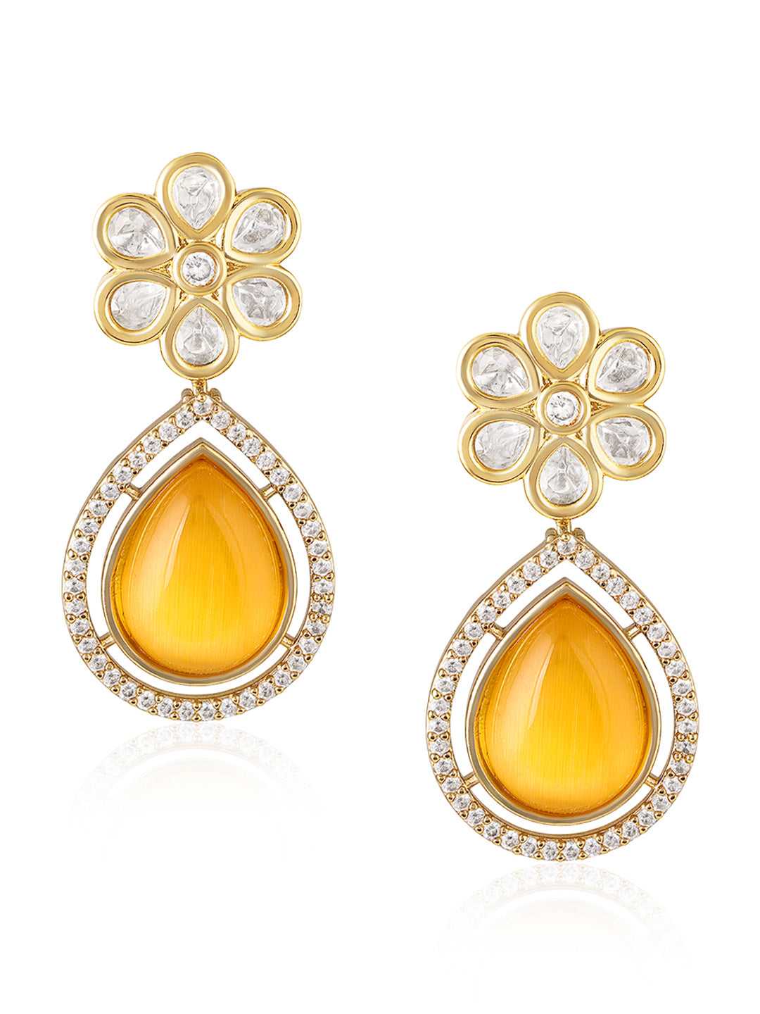 Itrani Golden Glow Floral Yellow Leaf Drops Earrings-Polki and Monalisa Stone