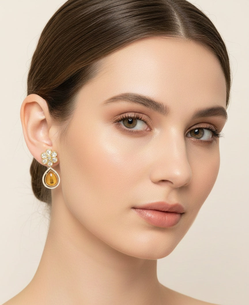 Itrani Golden Glow Floral Yellow Leaf Drops Earrings-Polki and Monalisa Stone