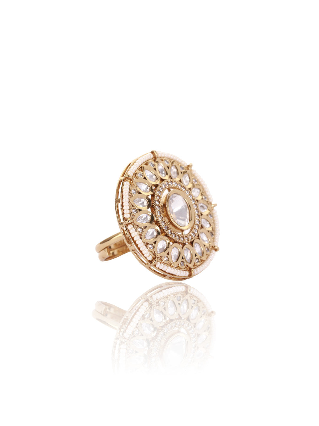 Itrani Majestic Aura Polki Ring – Statement Brass Jewelry with Pearl Detailing