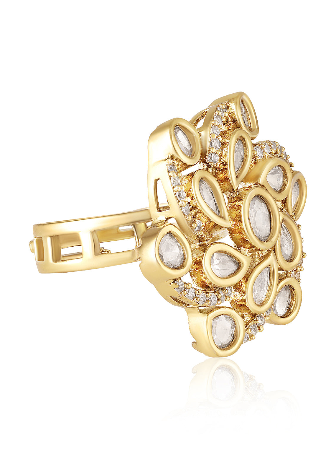 Itrani Swirl Style Clear Polki Stones Statement Brass Ring