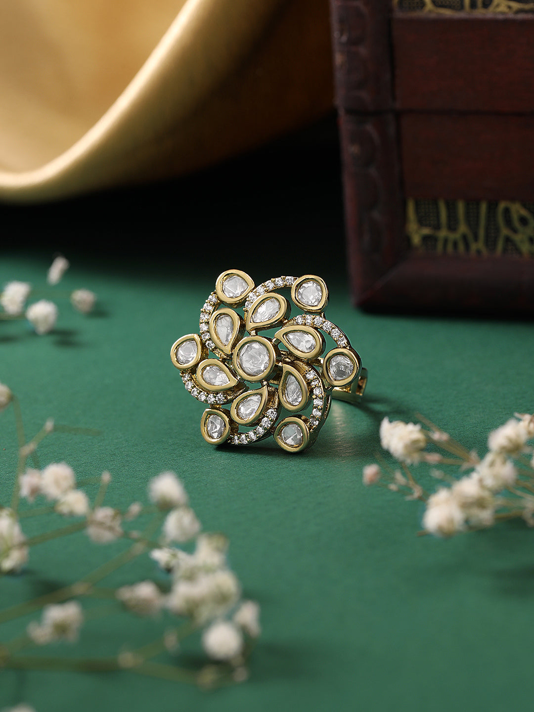 Itrani Swirl Style Clear Polki Stones Statement Brass Ring