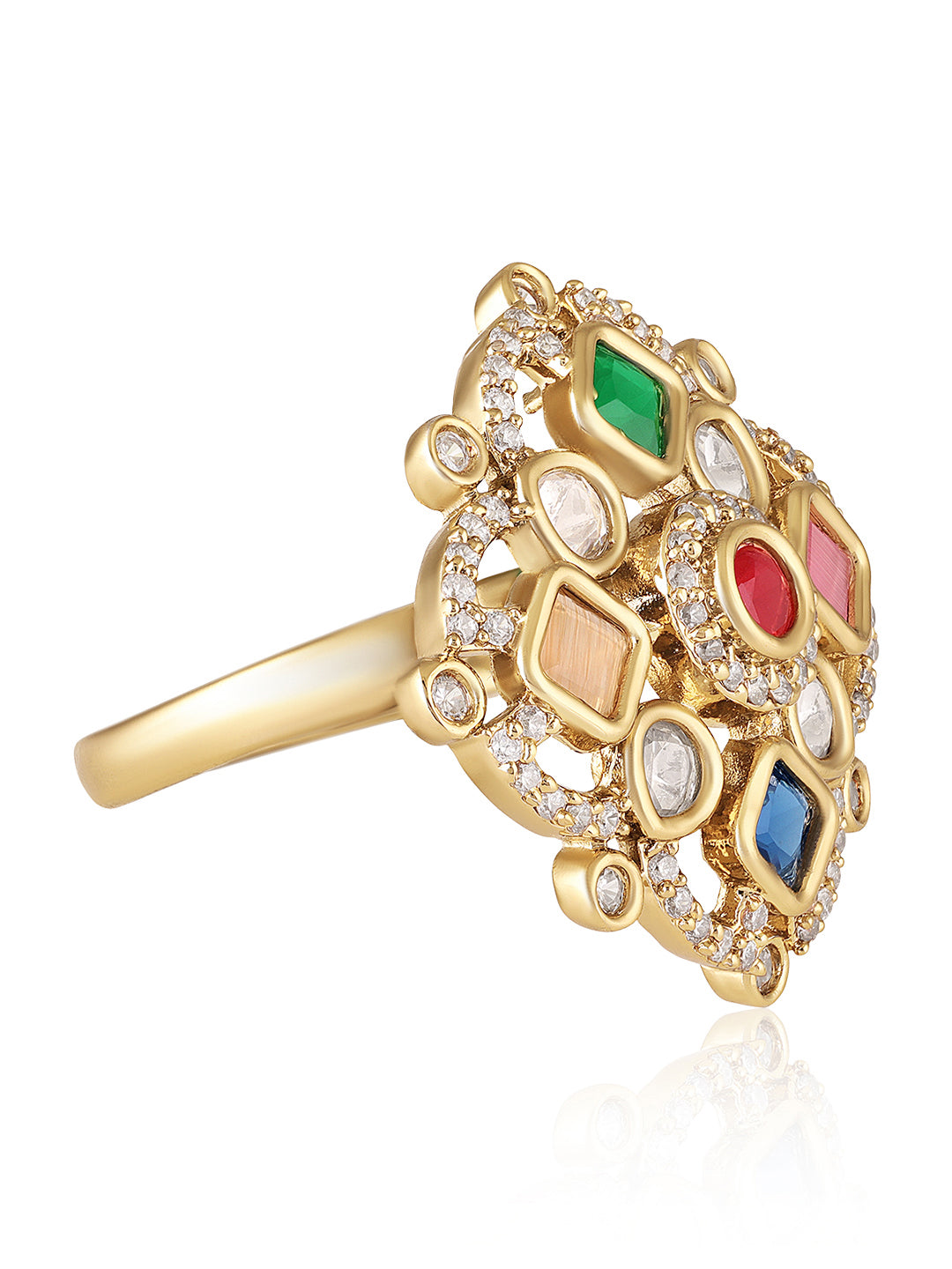 Itrani Regal Multicolor polki Brass Ring – Adjustable Anti-Tarnish Navratna Statement Jewelry