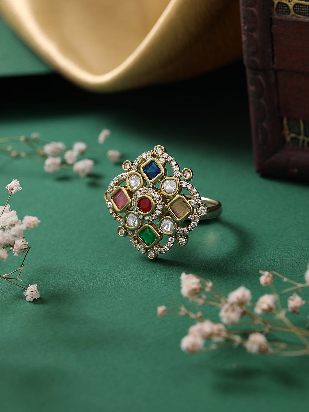 Itrani Regal Multicolor polki Brass Ring – Adjustable Anti-Tarnish Navratna Statement Jewelry