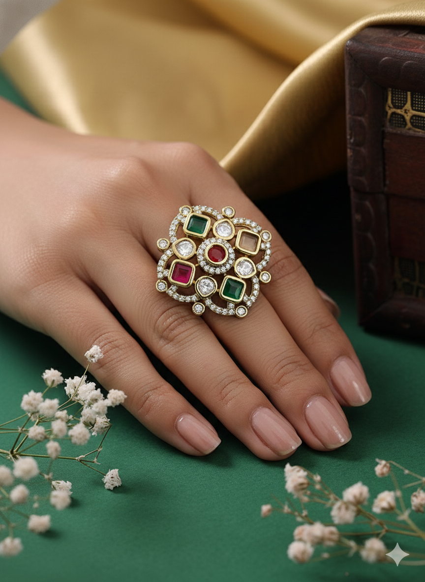 Itrani Regal Multicolor polki Brass Ring – Adjustable Anti-Tarnish Navratna Statement Jewelry