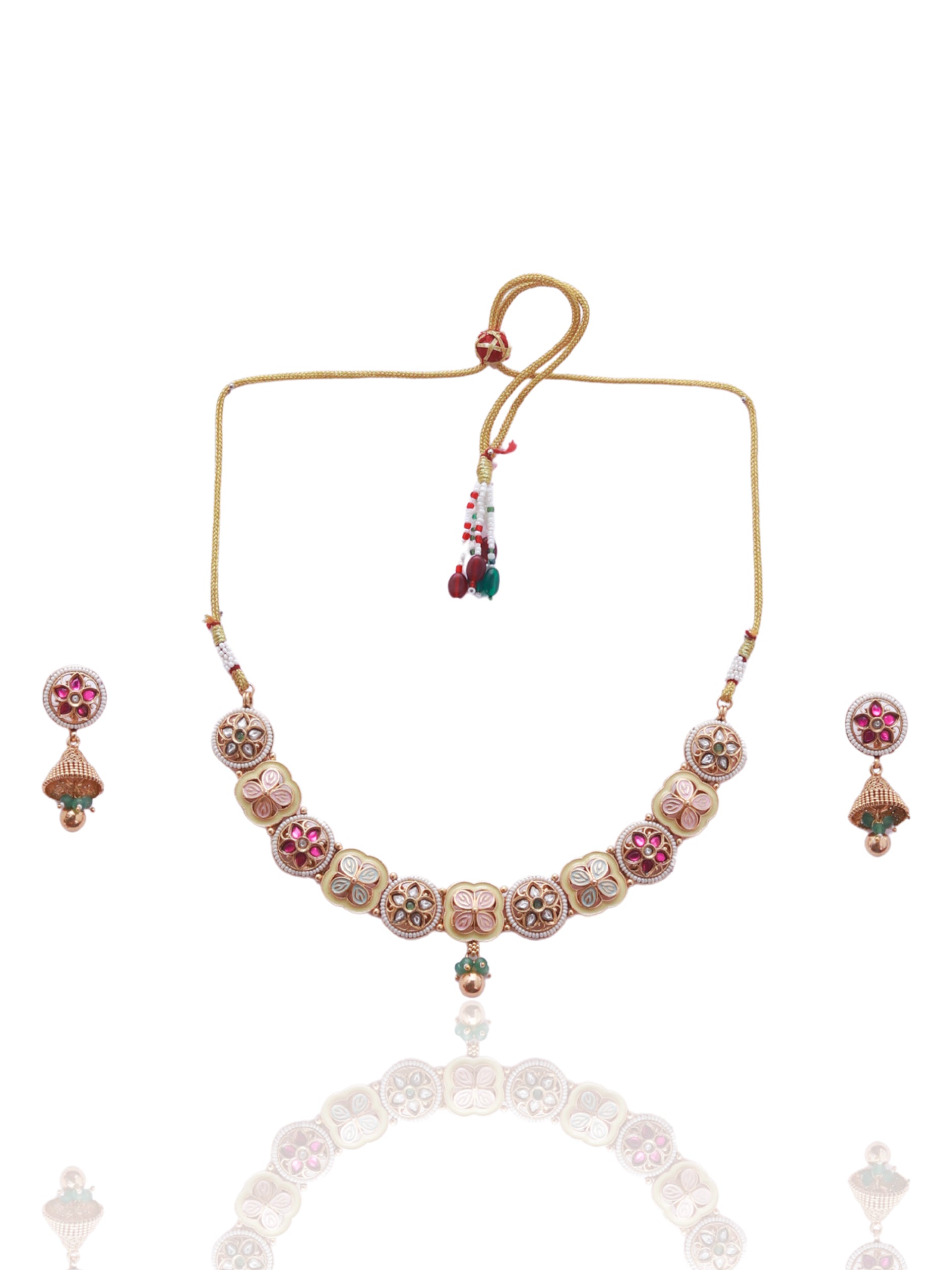 Itrani Rajwadi Floral Charm Multicolor Stone Brass Necklace Set with Jhumka Earrings