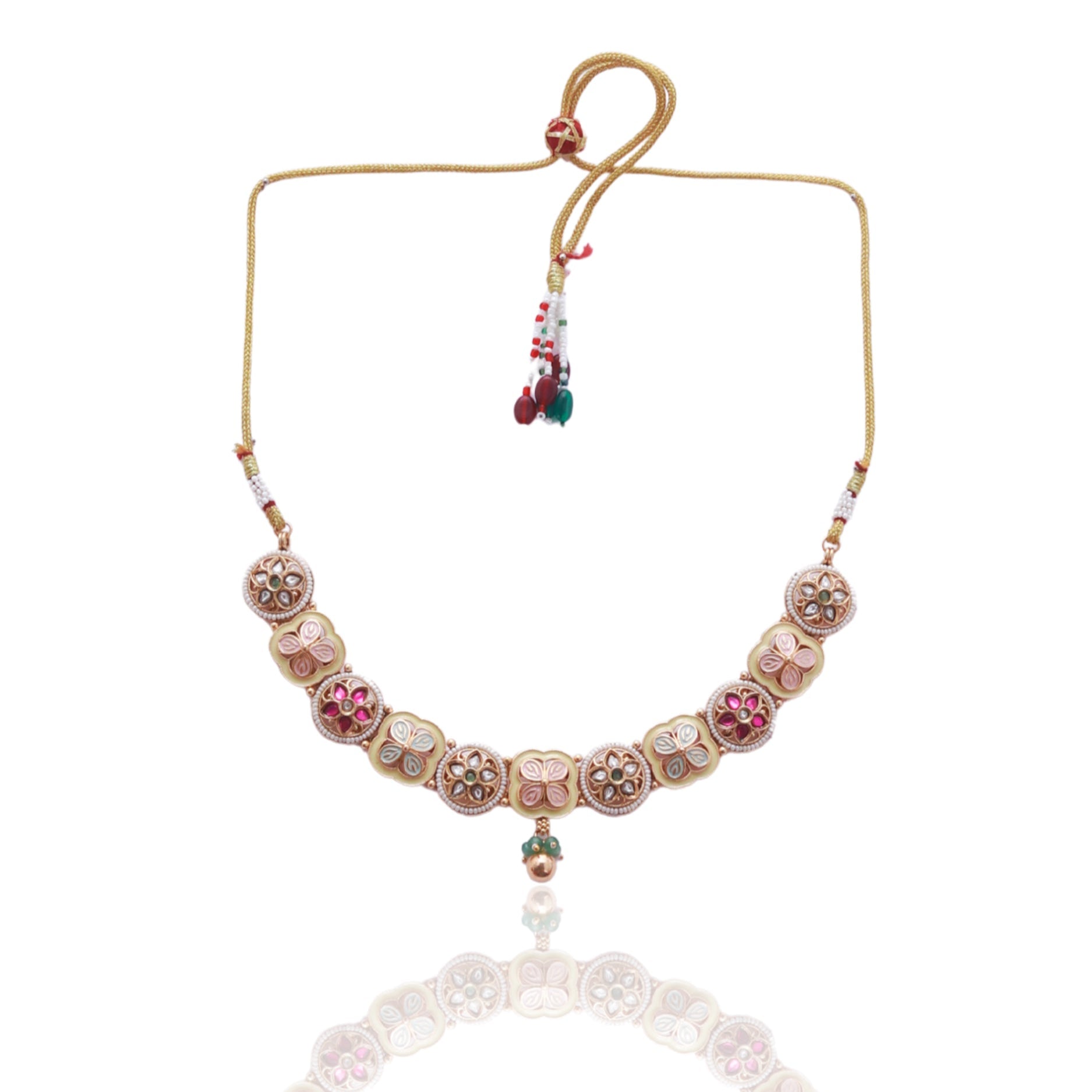 Itrani Rajwadi Floral Charm Multicolor Stone Brass Necklace Set with Jhumka Earrings