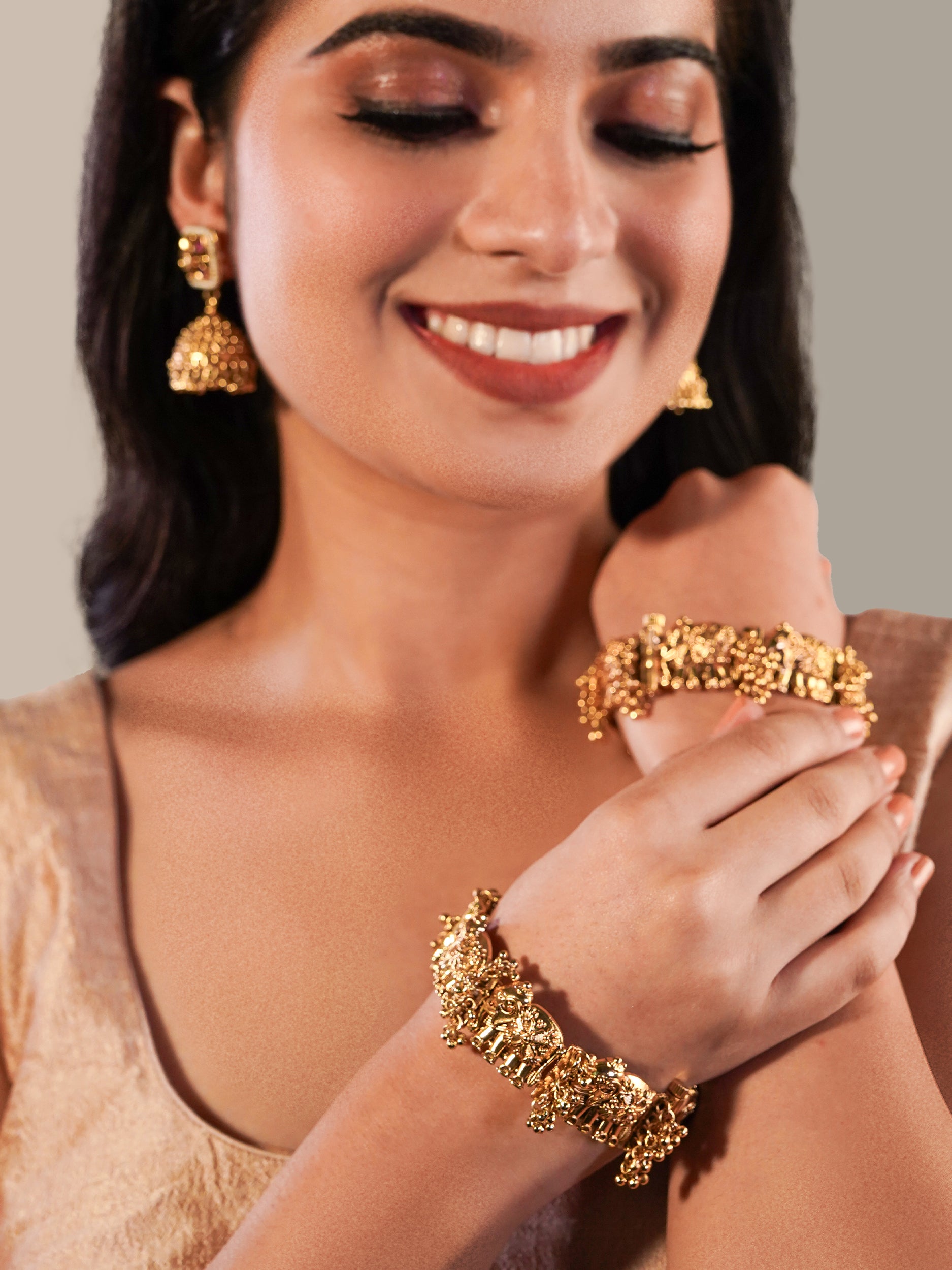 Itrani Temple Motif Antique Gold Brass with Elephant Design Bangles – Ethnic Statement Jewelry
