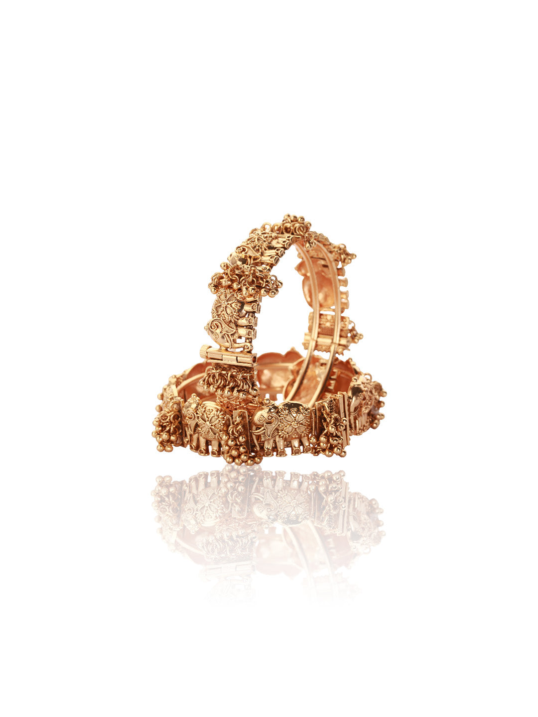 Itrani Temple Motif Antique Gold Brass with Elephant Design Bangles – Ethnic Statement Jewelry