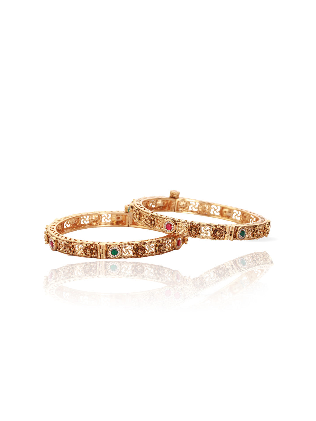 Itrani Antique Gold Brass Bangles with Multicolor Stones and Swastik Design – Traditional Festive Jewelry