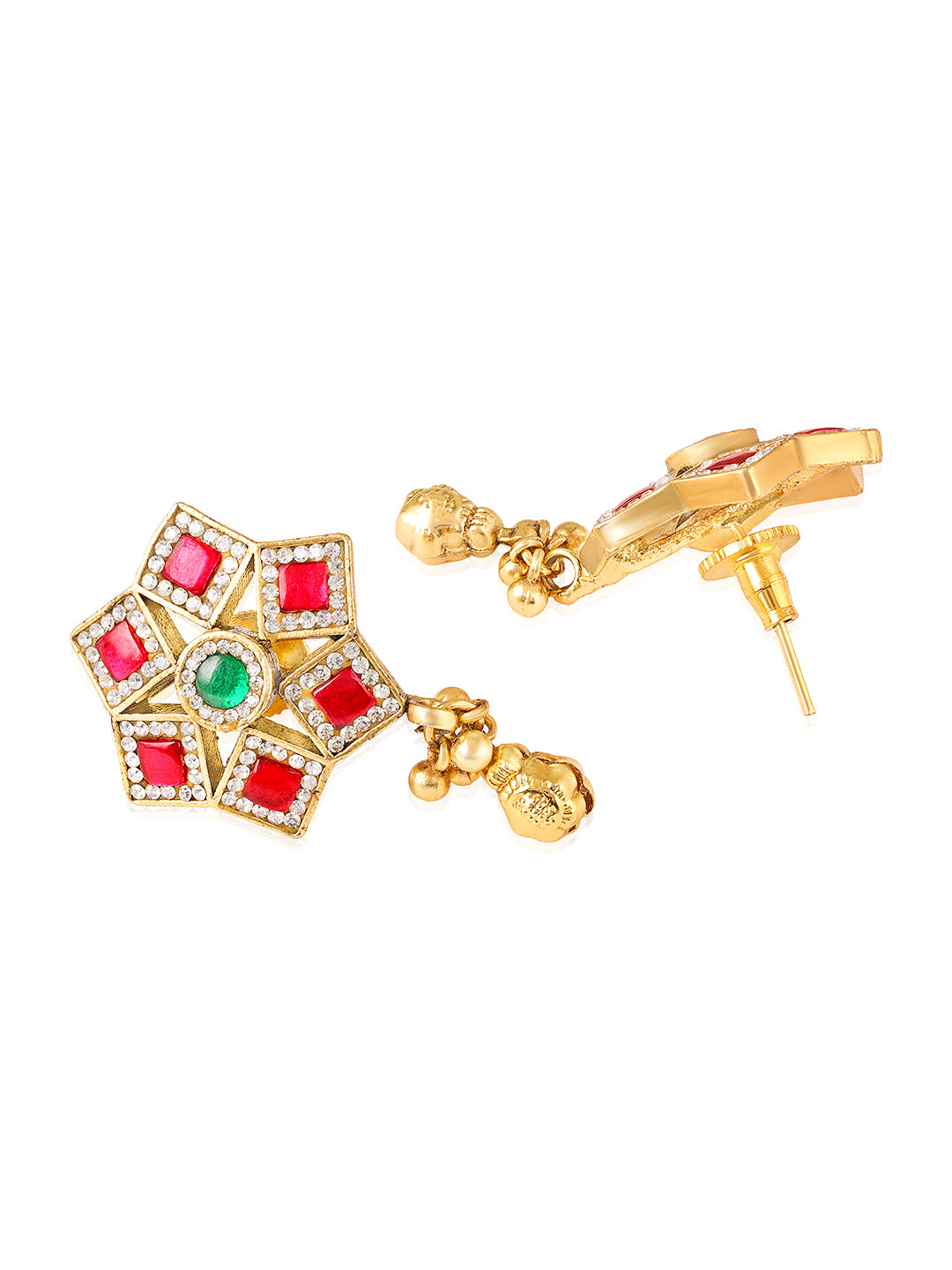 Itrani Regal synthetic Ruby Square Bloom Earrings – Brass Studs with Green Center Stone , Svaroski& Golden Jhumka Drop