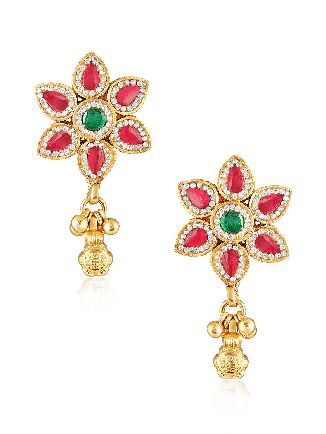 Itrani Royal Blossom Antique Brass Earrings with synthetic Ruby & Emerald Stones with Svaroski& Golden Jhumka Drop
