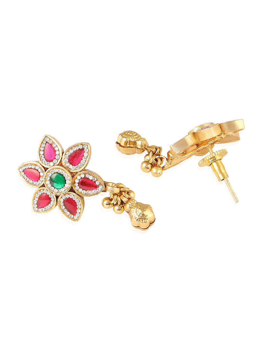 Itrani Royal Blossom Antique Brass Earrings with synthetic Ruby & Emerald Stones with Svaroski& Golden Jhumka Drop