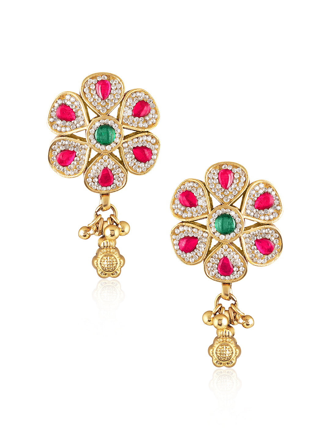 Itrani Ruby Bloom Brass Stud Earrings with Jhumka Drop – Ruby & Green Stone Floral Design for Festive Wear