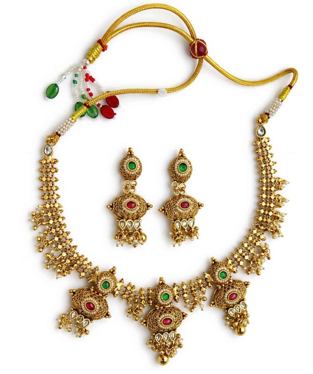 Itrani Heritage Antique Multi-Pendant Temple Brass Necklace Set with Color Stones – Bridal & Festive Jewellery