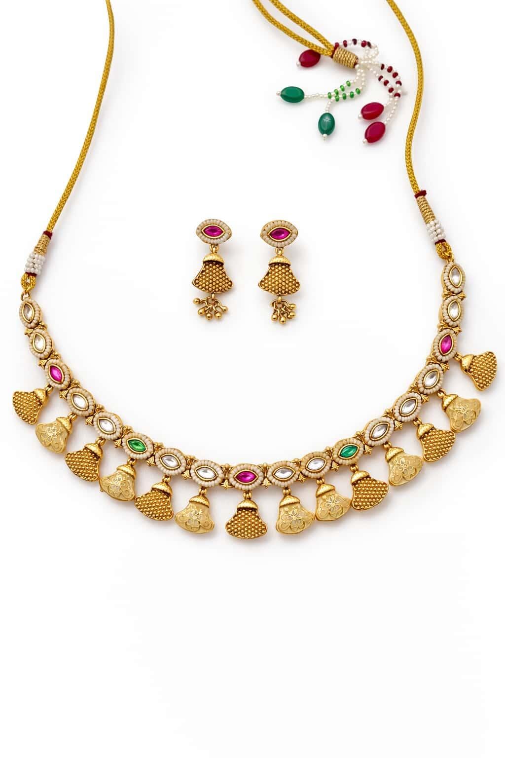 Itrani Heritage Antique Bell Motif Temple Brass Necklace Set with Color Stones – Traditional Festive Jewellery