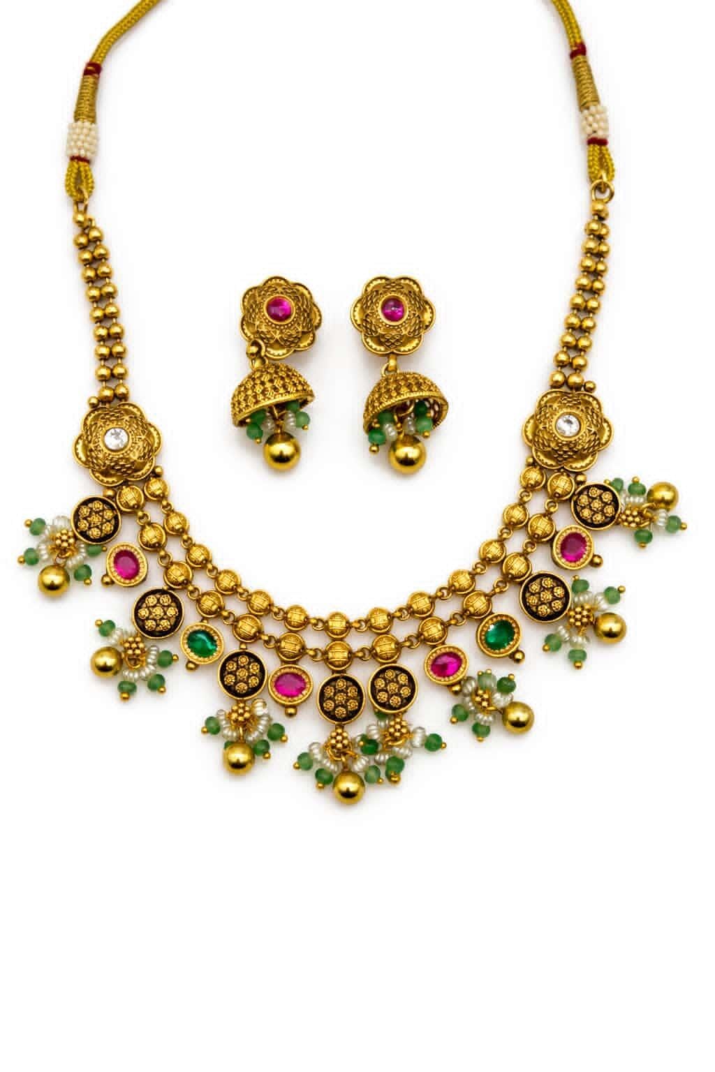 Itrani Royal Heritage floral Anitque Gold Brass Necklace Set with Sage green and Rani Color Stones