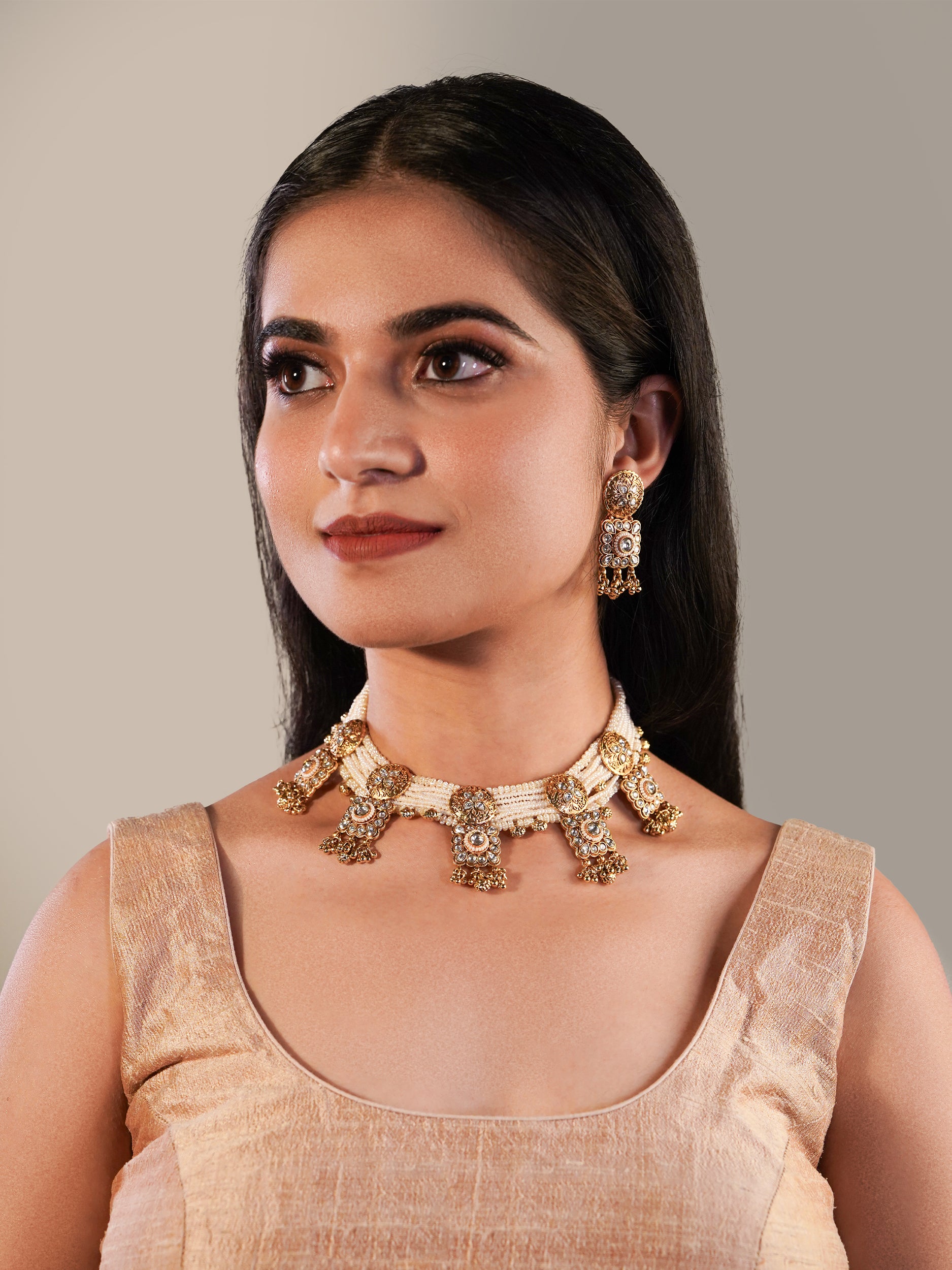 Itrani Royal Temple Pearl Necklace Set with Clear Polki Kundan Accents – Traditional Brass Bridal Jewelry