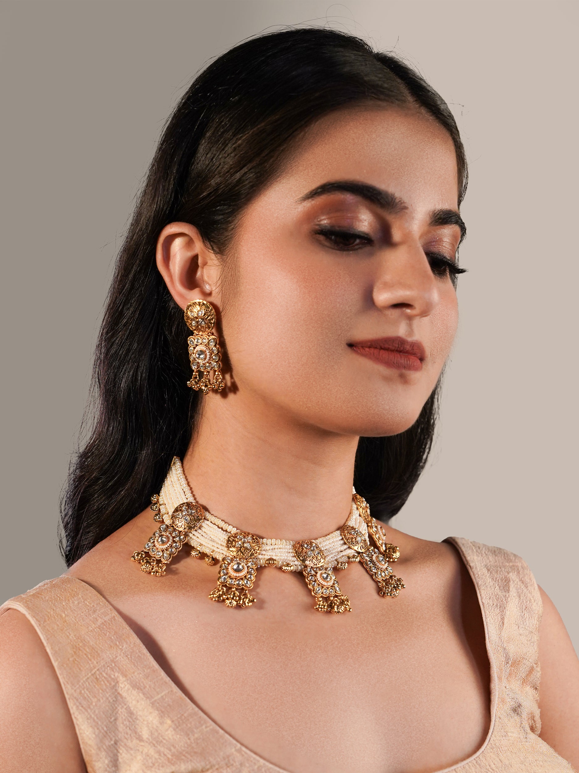 Itrani Royal Temple Pearl Necklace Set with Clear Polki Kundan Accents – Traditional Brass Bridal Jewelry
