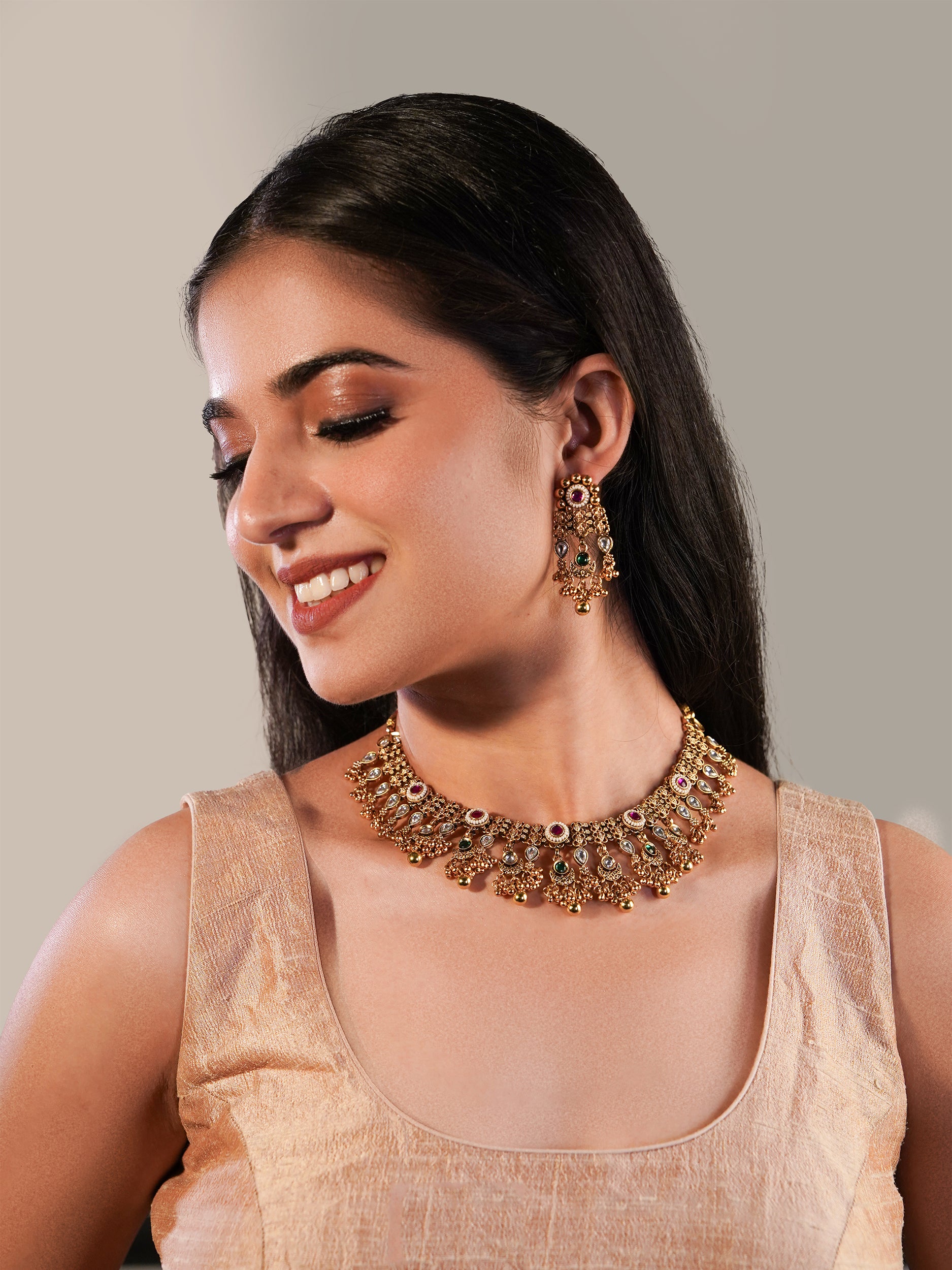 Itrani Antique Rani Pink & Green Temple Necklace Set in Brass – Bridal & Festive Jewelry in Gold Polish Rajwadi Set