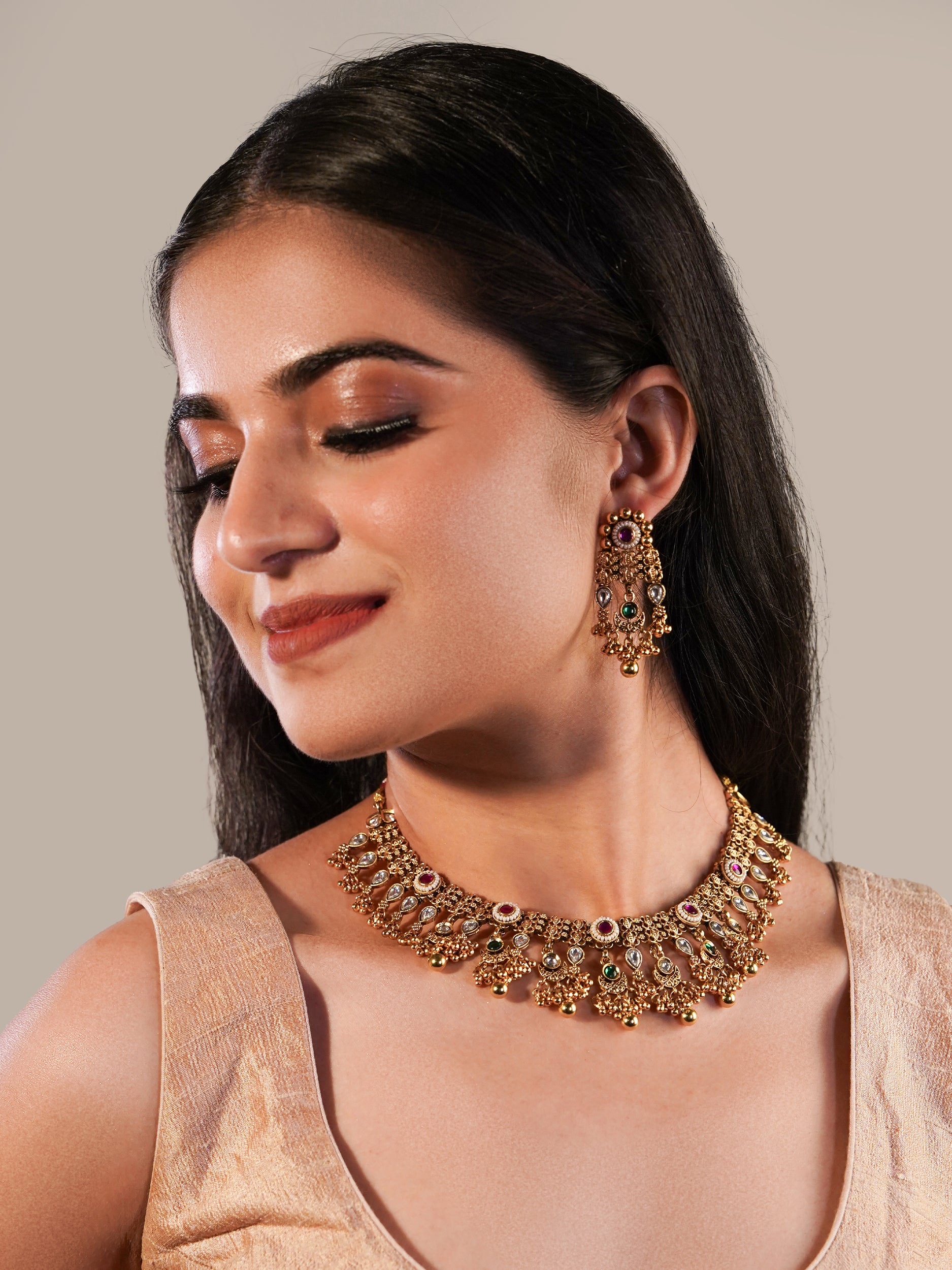 Itrani Antique Rani Pink & Green Temple Necklace Set in Brass – Bridal & Festive Jewelry in Gold Polish Rajwadi Set