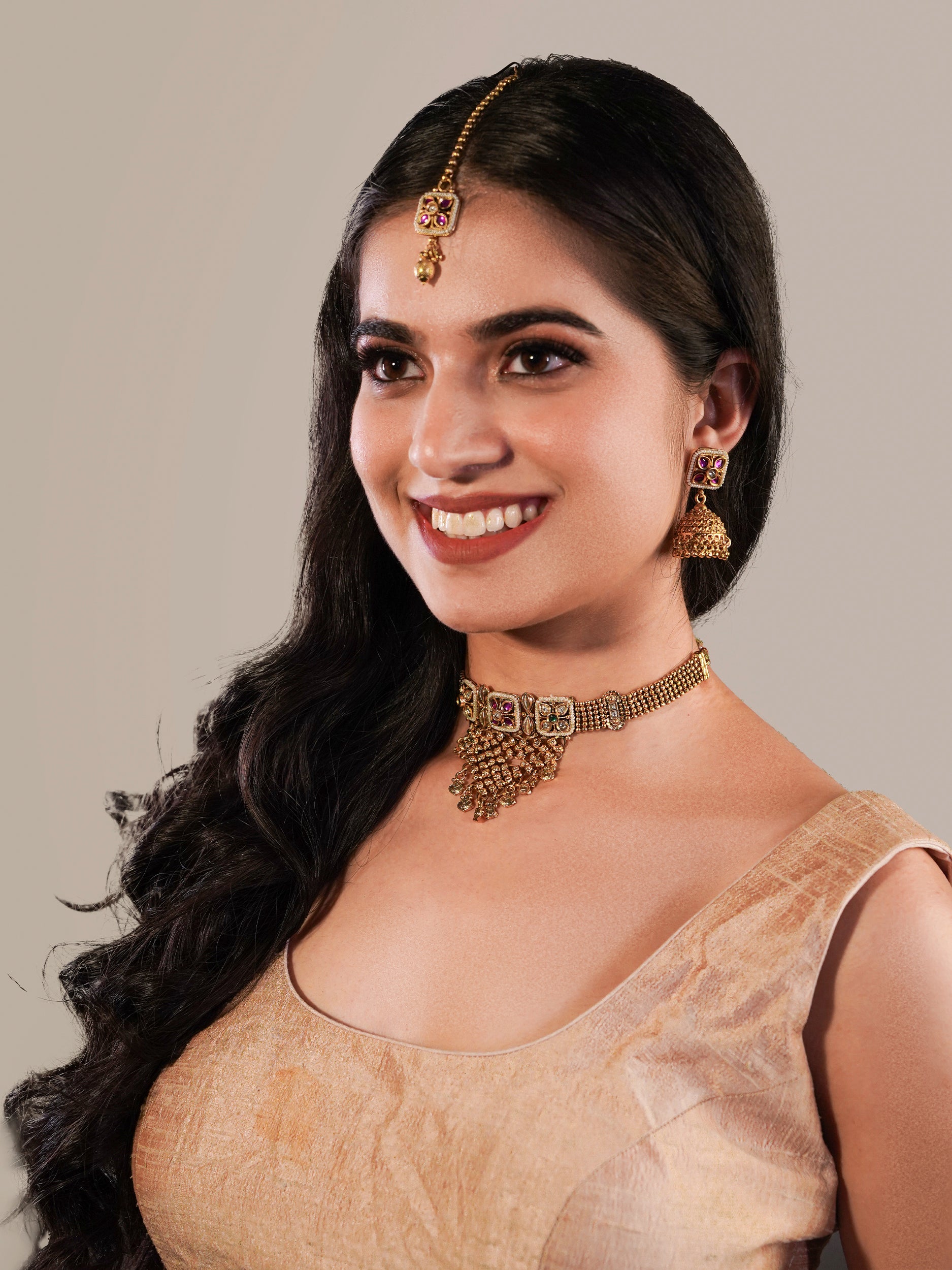 Itrani Heritage Bloom Gold-Tone Brass Rajwadi Choker Necklace Set with Rani Pink Stone & Jhumka Earrings