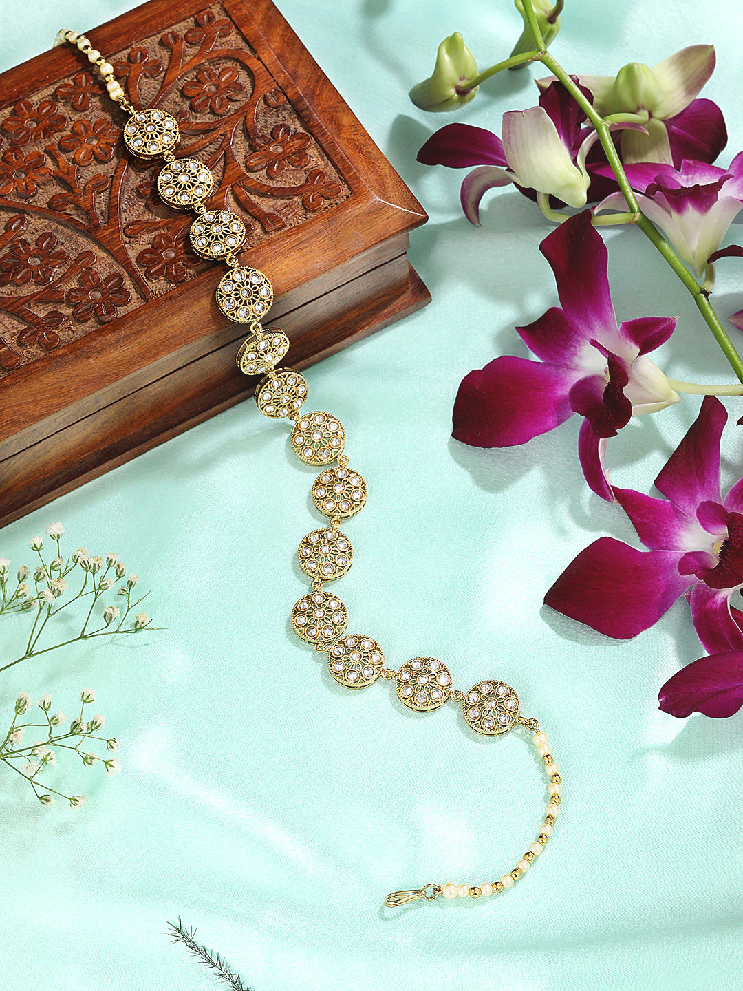 Itrani Golden Bloom with little pearl Sheesh Patti – Antique Finish Hair Accessory for Brides & Festive Looks