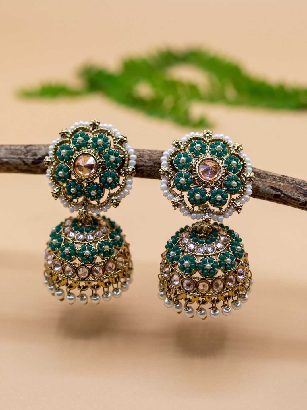 Itrani Emerald Green moti Jhumka Earrings | Handcrafted Traditional Design