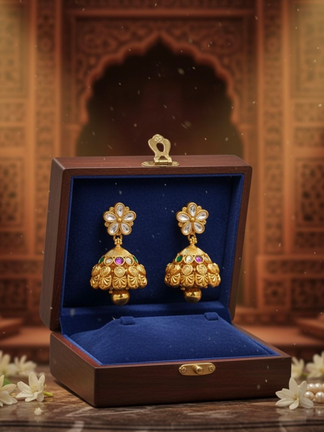 Itrani Gold-Polish finishing Kundan Floral Jhumka Earrings | Ruby & Emerald Accent Rajwadi Design