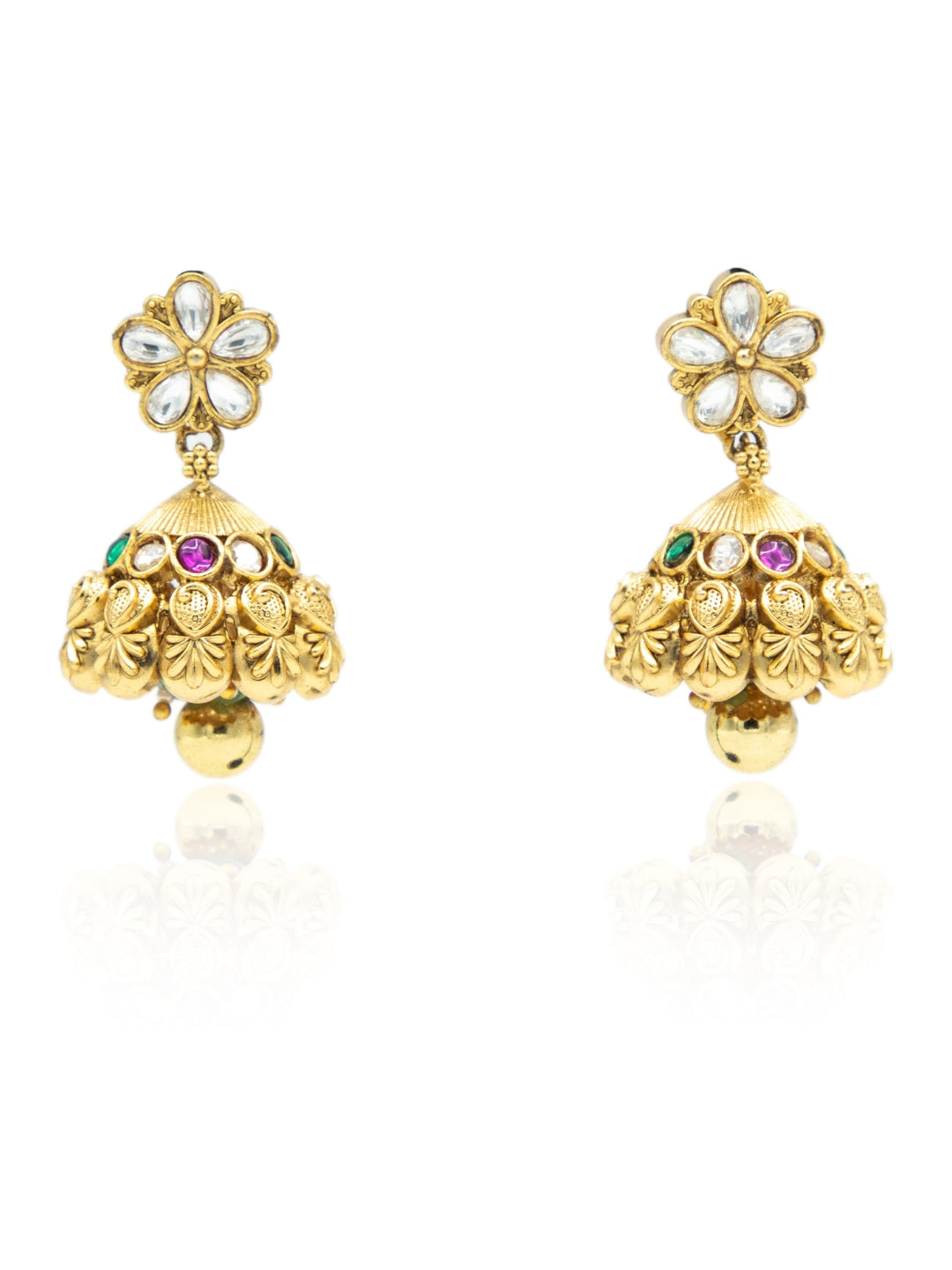 Itrani Gold-Polish finishing Kundan Floral Jhumka Earrings | Ruby & Emerald Accent Rajwadi Design