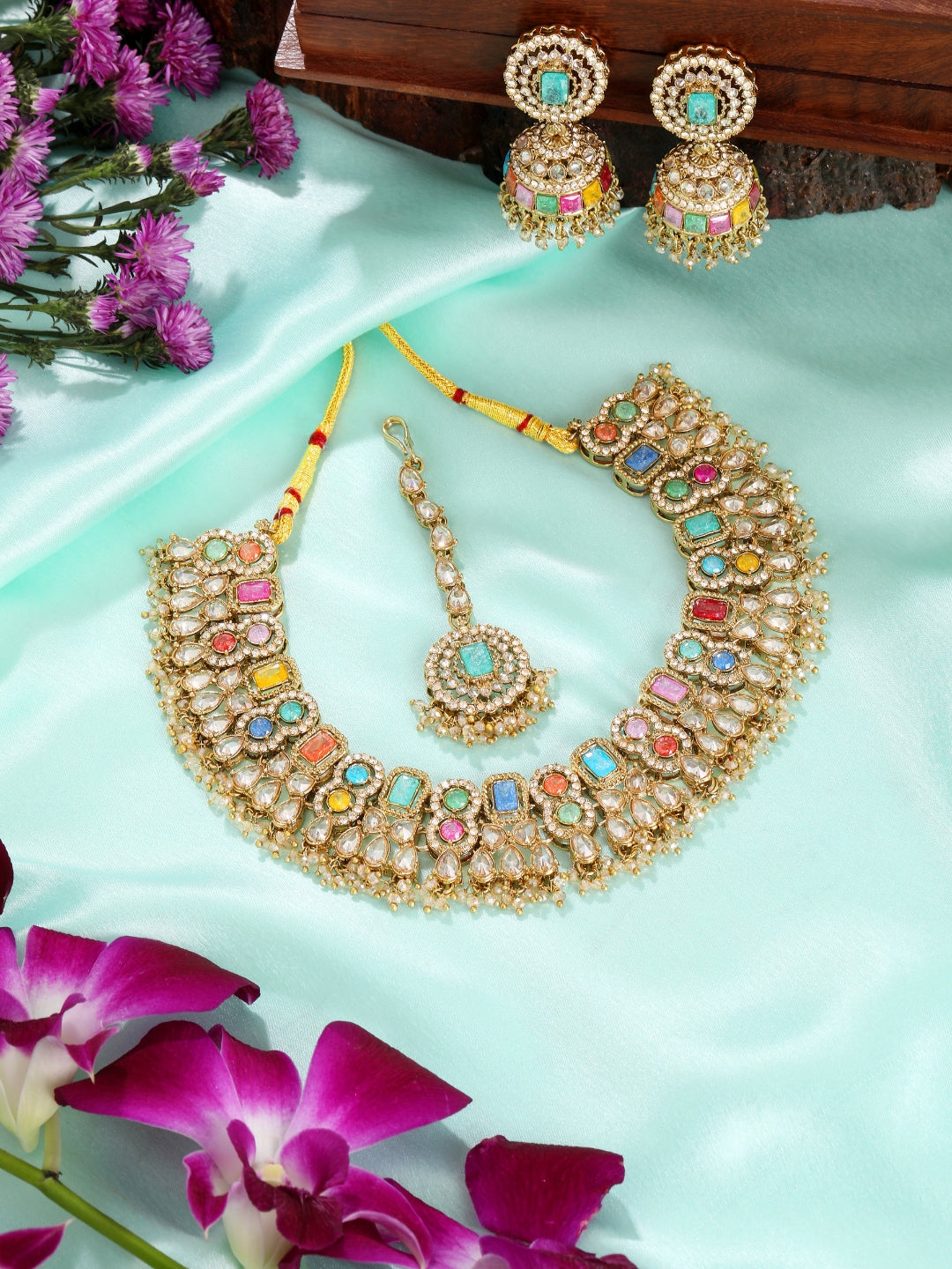 Itrani Royal Multicolor Reverse AD Stone Bridal Necklace Set – Antique Finish with Jhumka Earrings & Maang Tikka