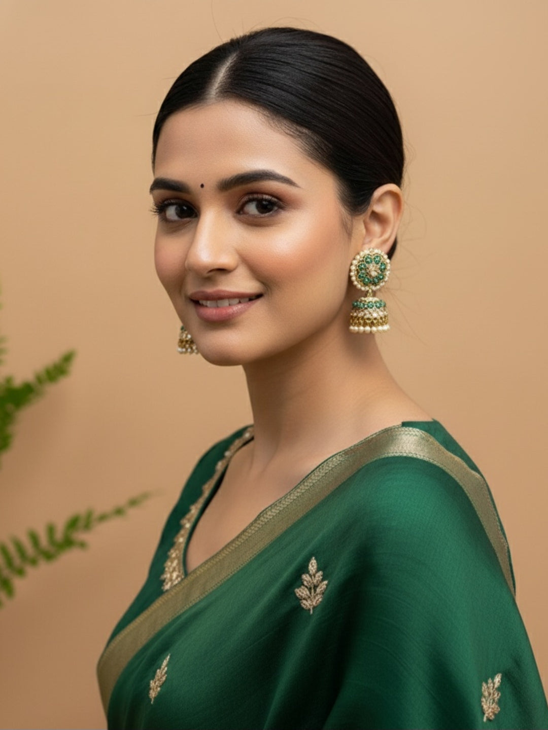 Itrani Emerald Green moti Jhumka Earrings | Handcrafted Traditional Design