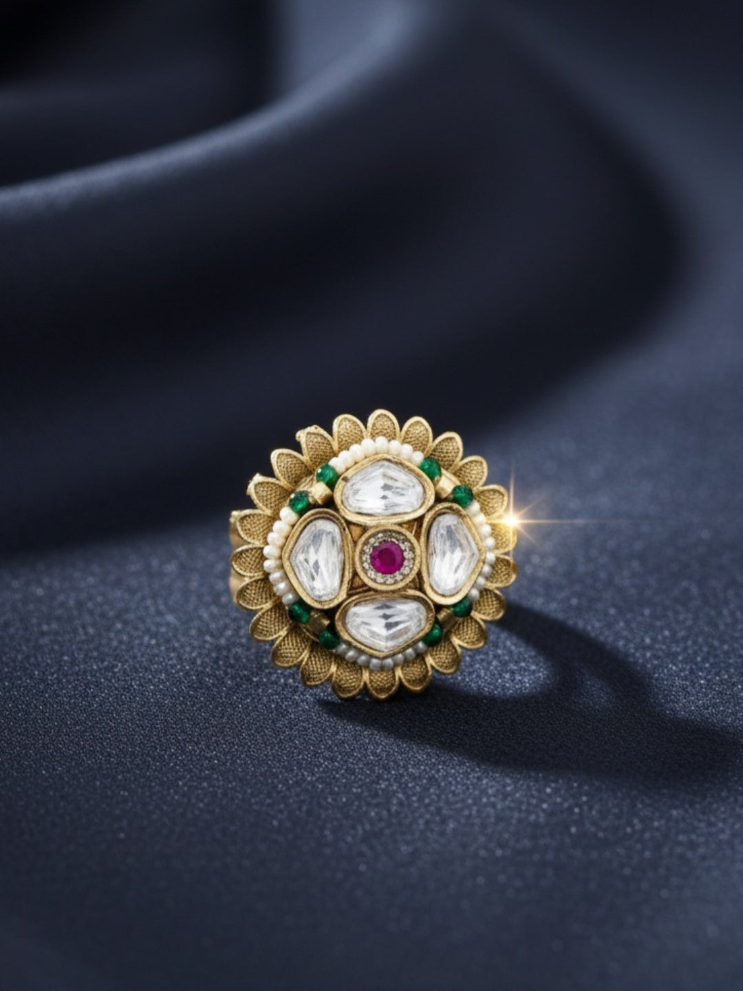 Itrani Gold-Polish finishing Kundan Style Polki Ring with Ruby Center Stone and Emerald Moti| Adjustable Traditional Ring