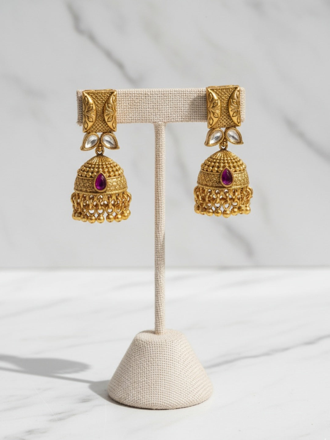 Itrani Gold-Polish finishing Synthetic Kundan & Ruby Drop Jhumka Earrings | Handcrafted Royal Design