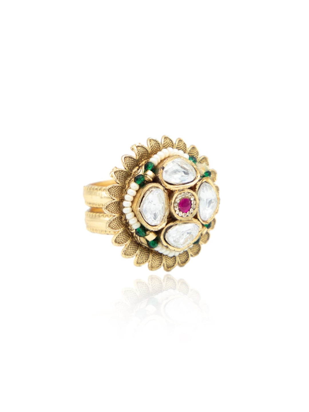 Itrani Gold-Polish finishing Kundan Style Polki Ring with Ruby Center Stone and Emerald Moti| Adjustable Traditional Ring
