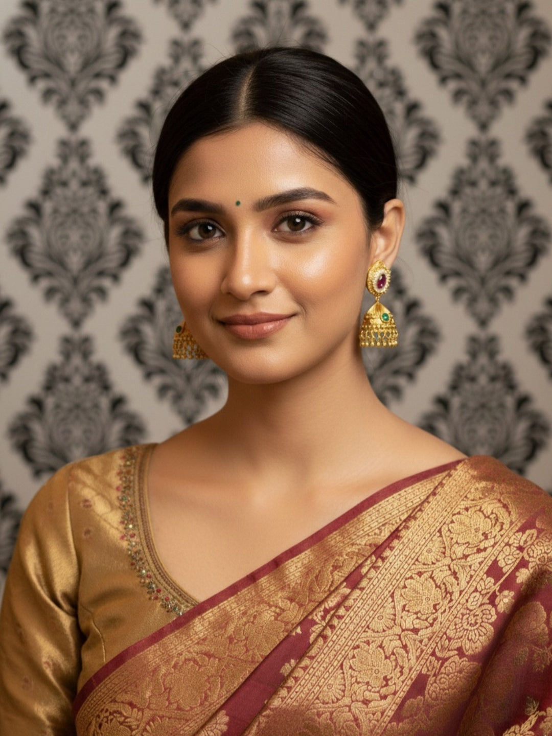 Itrani Gold-Polish finishing Ruby & Emerald Centre Stone Rajwadi Style Jhumka Earrings | Traditional Temple Design