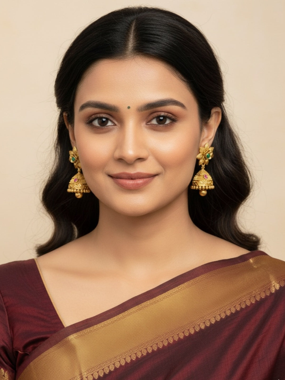 Itrani Gold-Polish finishing Petal Floral Ruby & Emerald Rajwadi Jhumka Earrings | Handcrafted Traditional Design