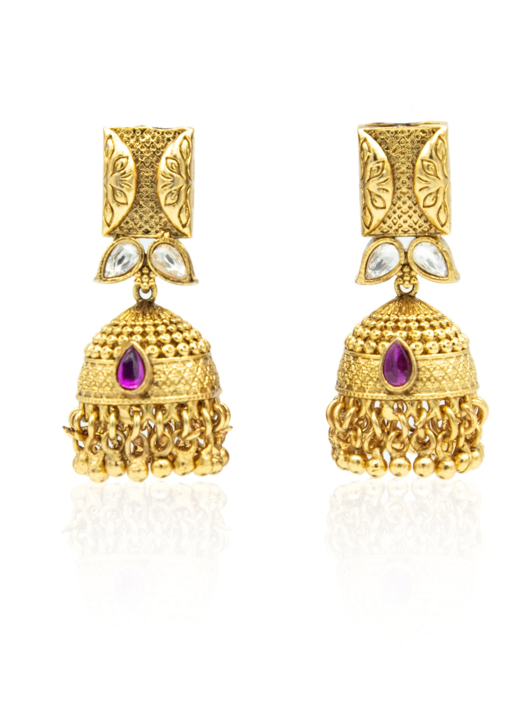 Itrani Gold-Polish finishing Synthetic Kundan & Ruby Drop Jhumka Earrings | Handcrafted Royal Design