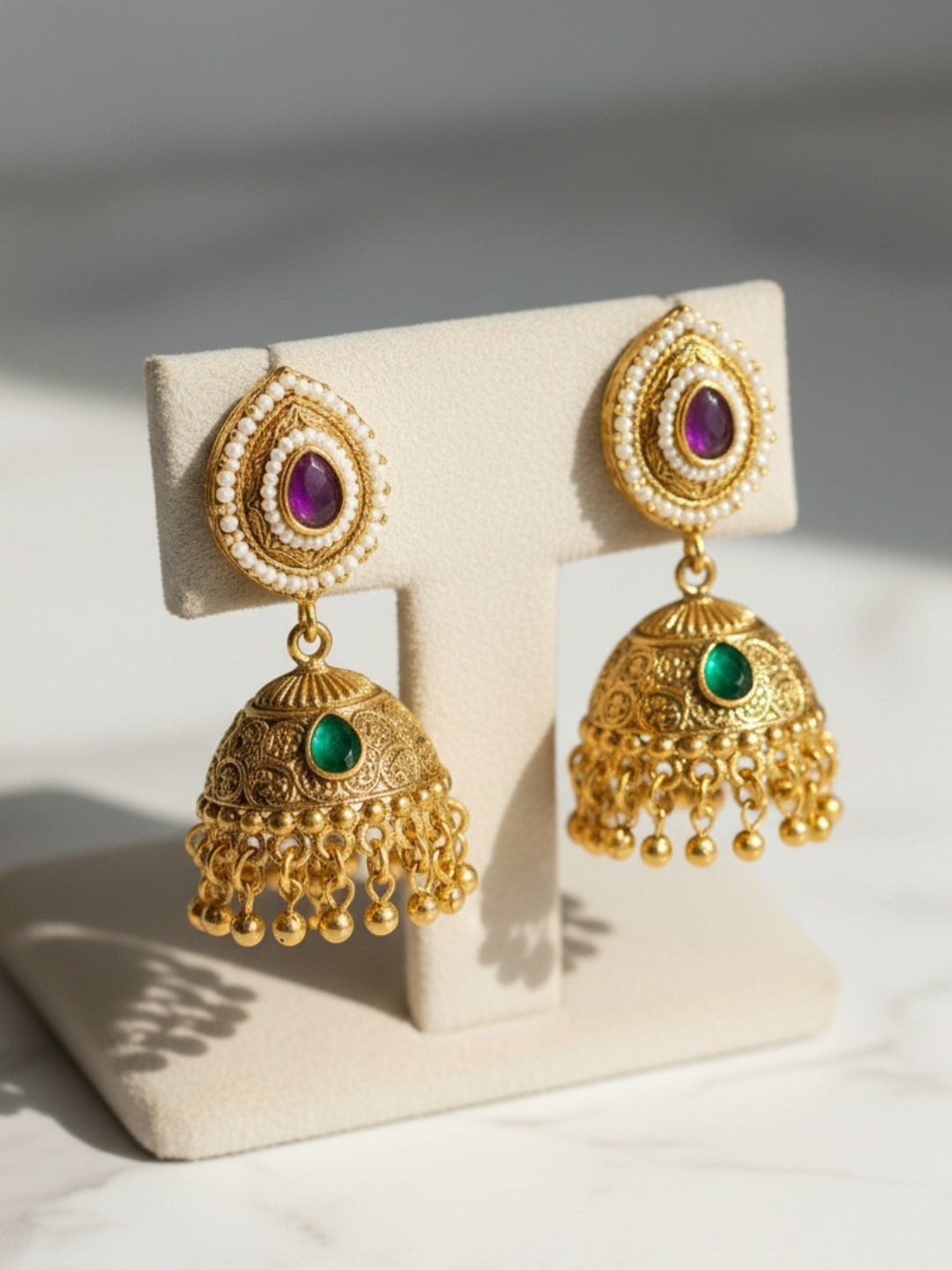 Itrani Gold-Polish finishing Ruby & Emerald Centre Stone Rajwadi Style Jhumka Earrings | Traditional Temple Design