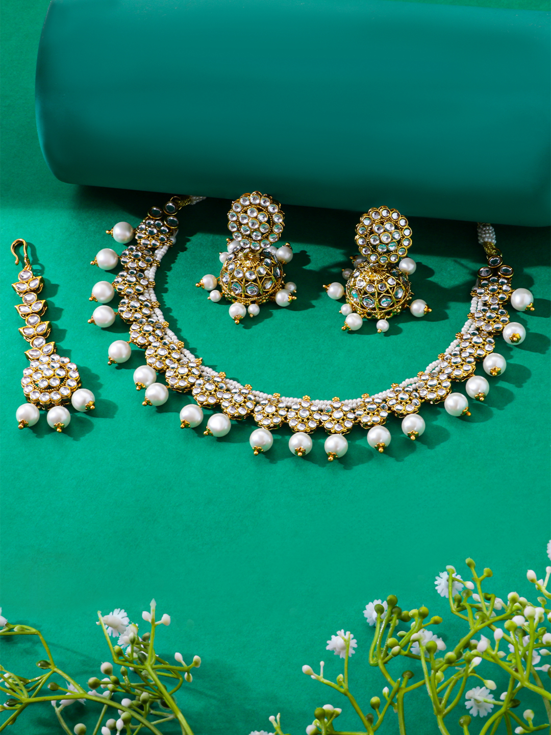 Itrani Golden Kundan Pearl Bridal Necklace Set – Elegant Anti-Tarnish Brass Jewelry for Weddings & Festive Glam